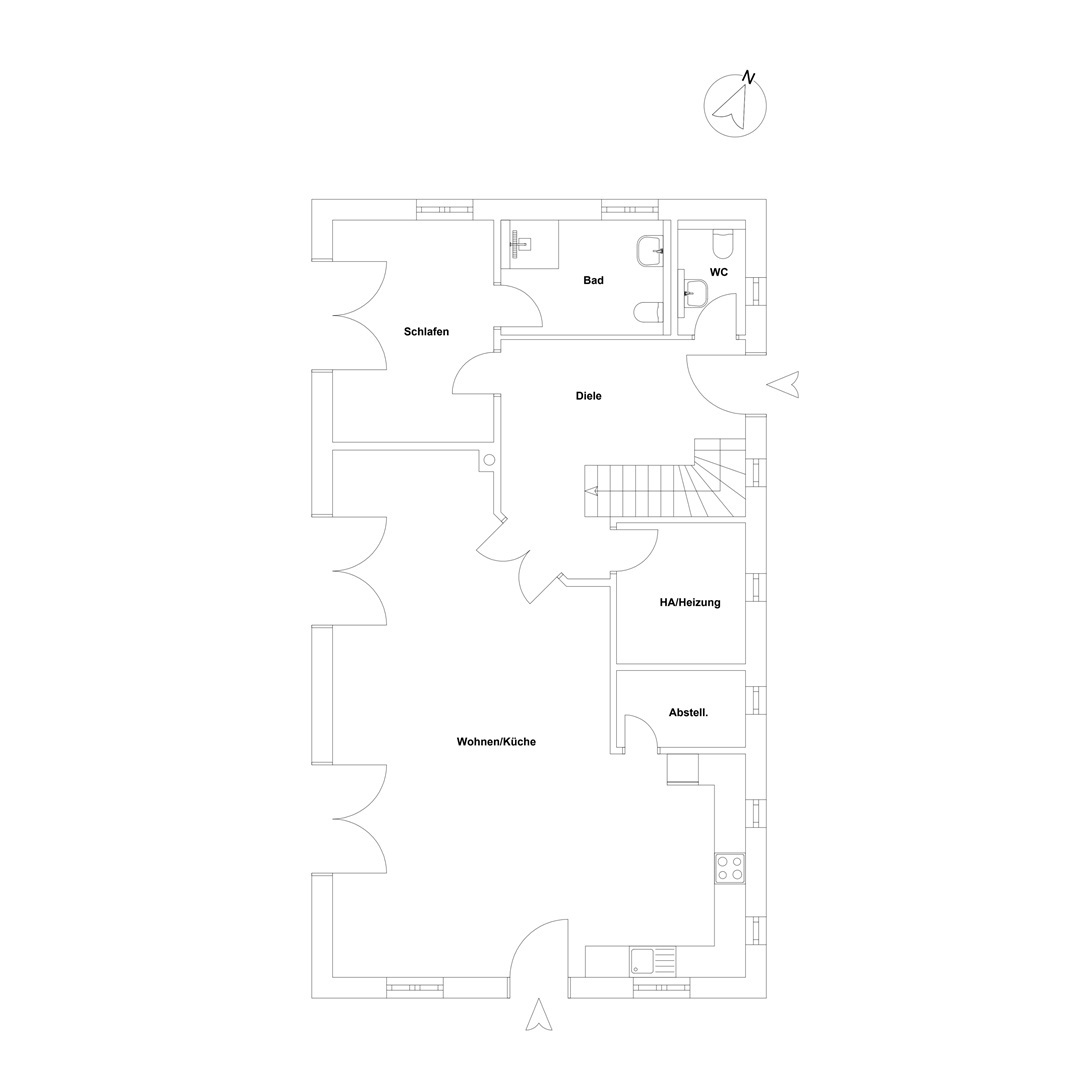 Dies ist der Grundriss des Erdgeschosses. Der Hauseingangbefindet sich auf der Nord-Östlichen Seite des Hauses. Durch die Diele gelangt man ins Gäste WC und in den großzügigen Wohn und Essbereich mit Küche. Außerdem erreicht man ein Schlafzimmer mit Bad en Suite. Durch die Küche erreicht man einen Abstellraum.