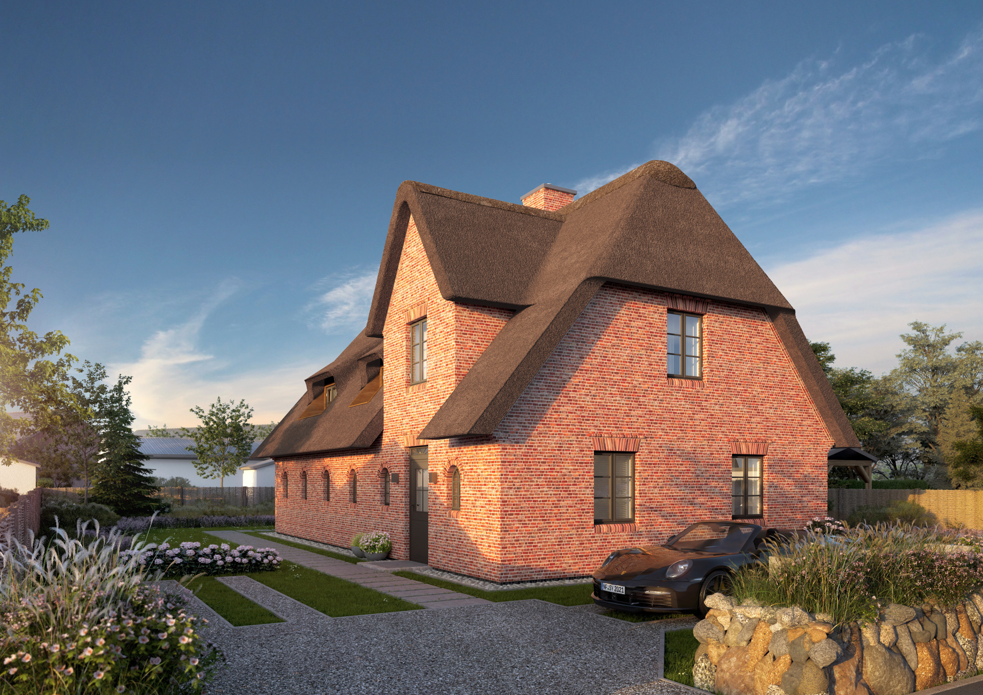 Dies ist eine Ansicht des Hauses von der Straßeseite aus. Zu sehen ist die Zuwegung und der Hofplatz. Es gühren fußwege zum EIngang des Hauses. Der Vorgarten ist mit einem Friesewall eingefriedet.