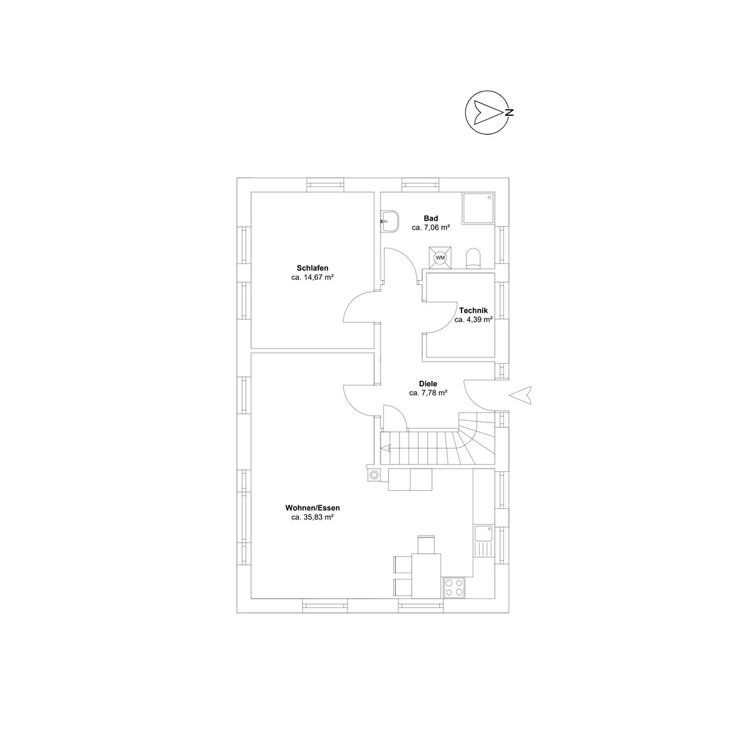 Dies ist eine Abbildung des Grundrisses. Er zeigt die Raumaufteilung im Erdgeschoss. Es beginnt mit der Diele welche ins Wohnzimmer, ins Schlafzimmer, ins Badzimmer und in den Technikraum führt. Das Wohnzimmer ist in einer Offenen 