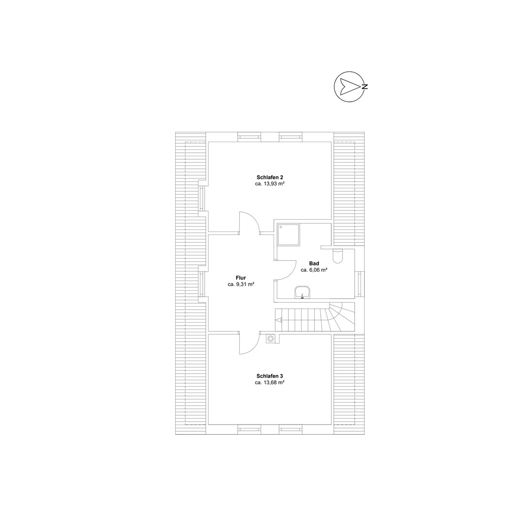 Diese Abbildung zeigtden Grundriss des Hauses. Es handelt sich um das Obergeschoss. Oben an der treppe angekommen gelangt man durch einen geräumigen Flur in zwei Schlafzimmer und in ein Badzimmer. Die Schlafzimmer sind auf der Ost und Westseite angeordnet. Das Bad liegt in der Mitte der beiden Schlafzimmer.