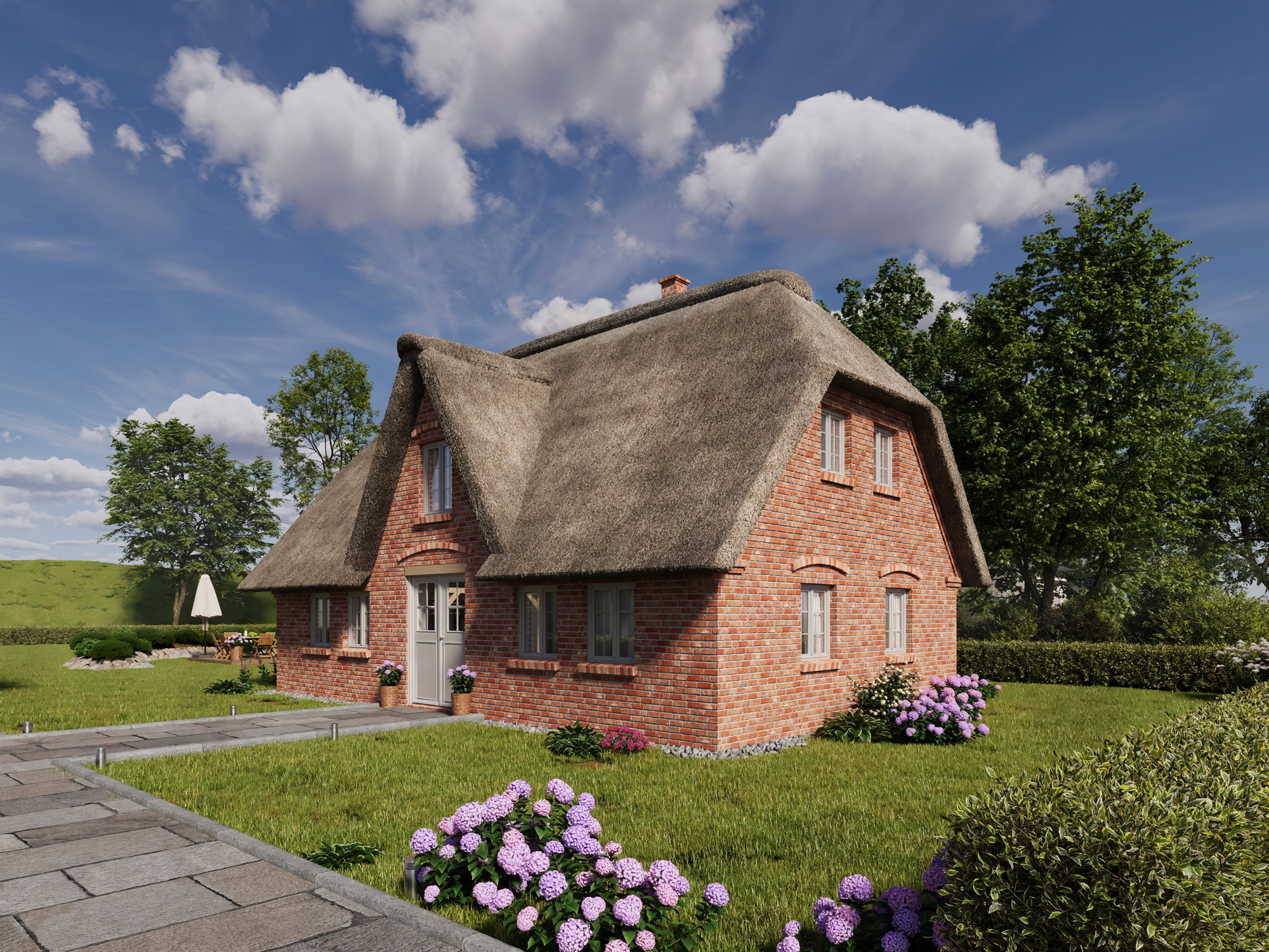 Visualisierung von einem Einfamilienhaus unter Reet, man kann den Deich im Hintergrund sehen. Das Haus ist seitlich dargestellt wodurch man die Eingangstür, den Weg zum Haus an der langen seite und auch die 4 Fenster an der kurzen, Straßengewandten Seite des Hauses erkennen kann. Das Grundstück ist von einer Hecke umgeben.